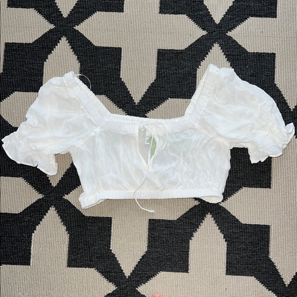 H&M Cream White Puff Sleeve Tie Crop Top